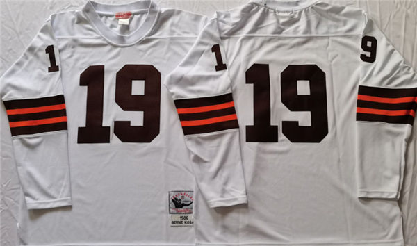 Mens Cleveland Browns #19 Bernie Kosar Mitchell&Ness White Long-Sleeved Throwback Jersey