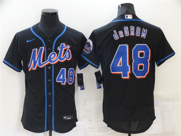 Mens New York Mets #48 Jacob DeGrom Nike 2021 Black With Strip Retro Jersey