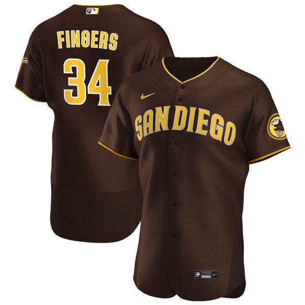 Mens San Diego Padres Retired Player #34 Rollie Fingers Nike Brown Road Player FlexBase Baseball Jersey
