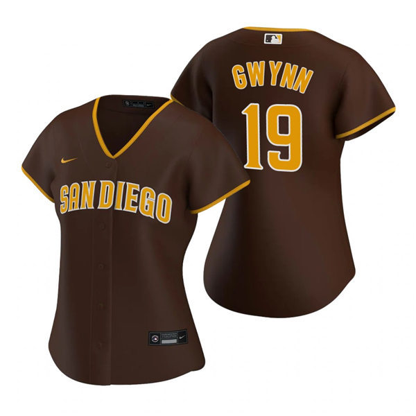 Womens San Diego Padres Retired Player #19 Tony Gwynn Nike Brown Road Cool Base Stitched MLB Player Jersey