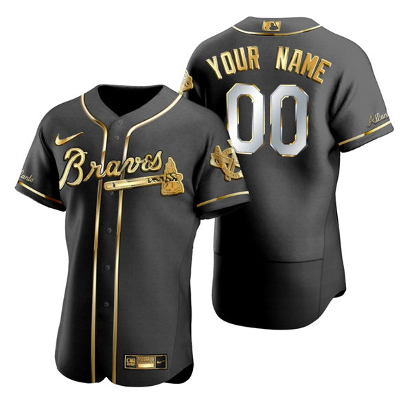 Mens Atlanta Braves Custom Hank Aaron David Justice Deion Sanders Babe Ruth Nike Black Gold Edition Jersey