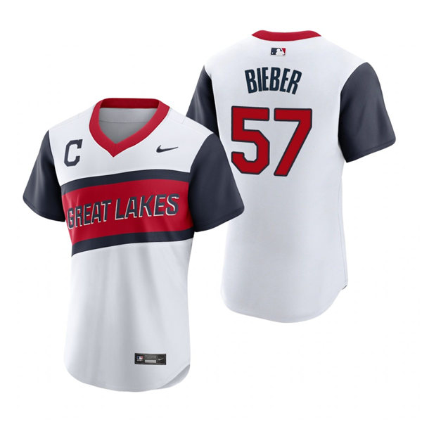 Mens Cleveland Indians #57 Shane Bieber Nike White 2021 Little League Classic Jersey