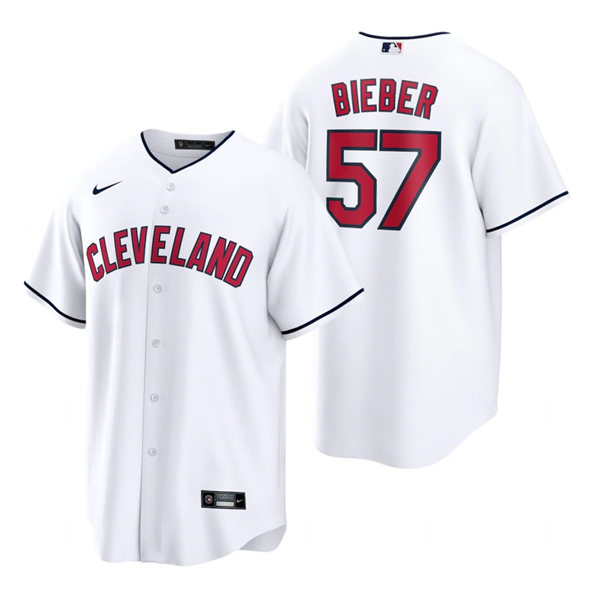 Mens Cleveland Indians #57 Shane Bieber Nike 2021 Cleveland White Alternate CoolBase Jersey