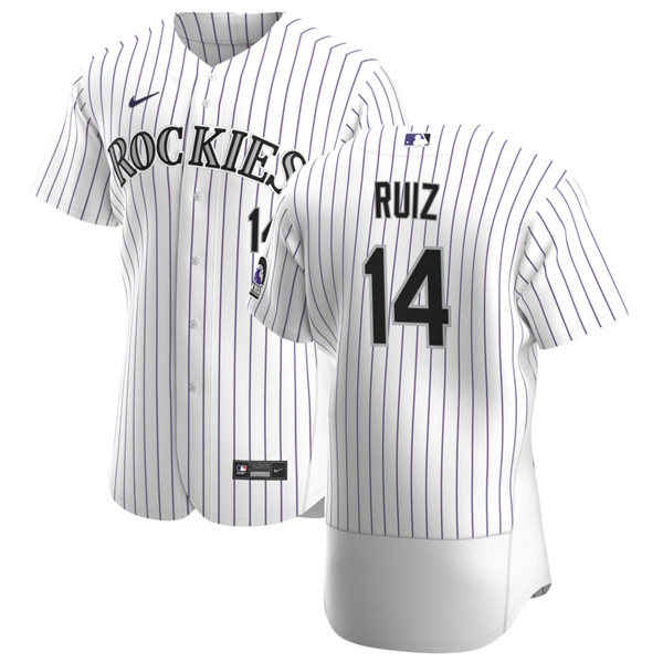 Mens Colorado Rockies #14 Rio Ruiz Nike White Pinstripe Home FlexBase Stitched Player Jersey