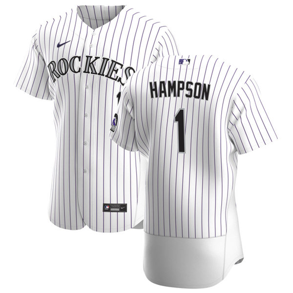 Mens Colorado Rockies #1 Garrett Hampson Nike White Pinstripe Home FlexBase Stitched Player Jersey