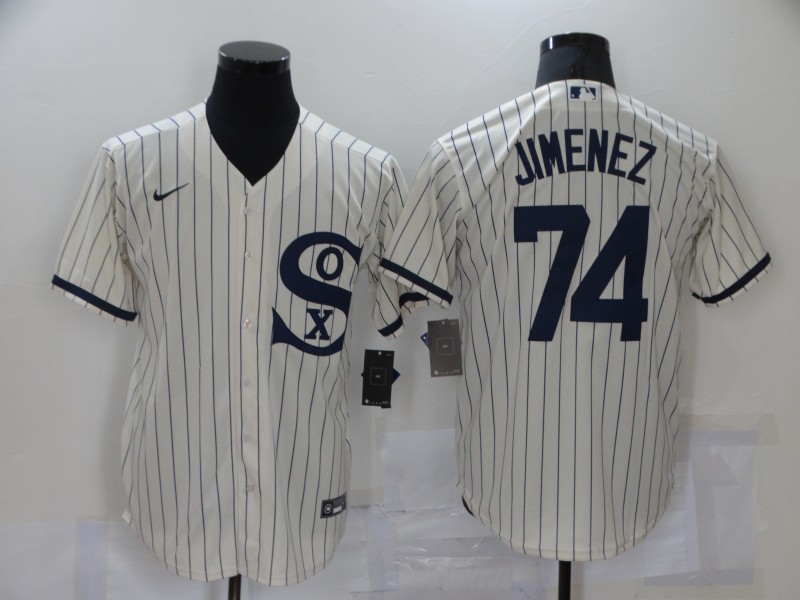 Mens Chicago White Sox #74 Eloy Jimenez Nike White Pinstripe with Name 2021 Field of Dreams Baseball Jersey 