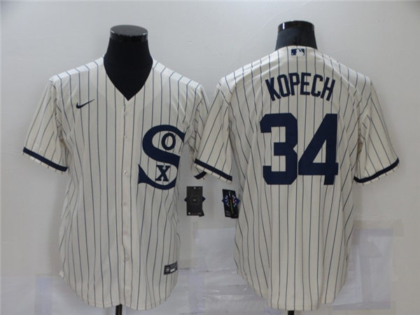 Mens Chicago White Sox #34 Michael Kopech Nike White Pinstripe with Name 2021 Field of Dreams Baseball Jersey