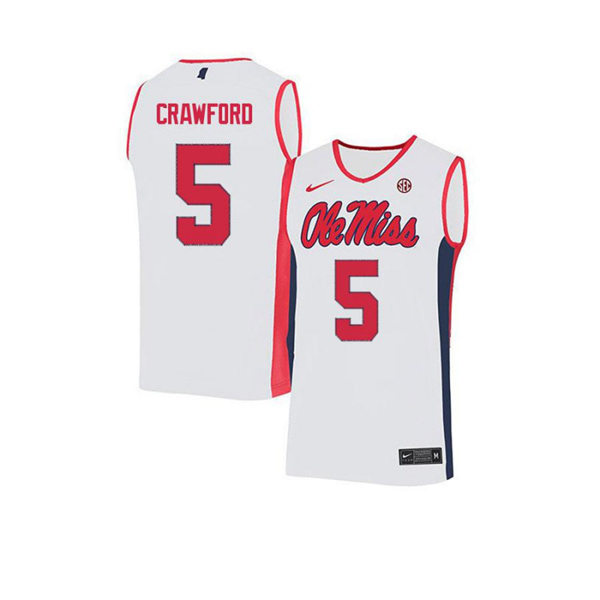 Mens Ole Miss Rebels #5 Markel Crawford Nike 2018 White Red Neck Ole Miss College Basketball Jersey