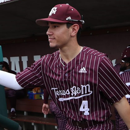 Mens Texas A&M Aggies #4 Nick Banks Adidas Red Pinstripe College Baseball Game Jersey