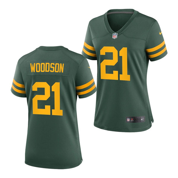 Womens Green Bay Packers Retired Player #21 Charles Woodson Nike 2021 Green Alternate Retro 1950s Throwback Jersey