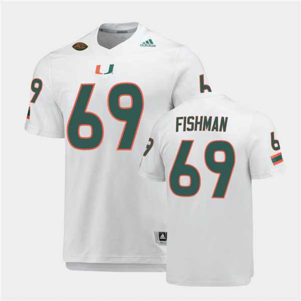 Mens Miami Hurricanes #69 Sam Fishman Miami Hurricanes Adidas White College Football Game Jersey
