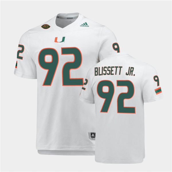 Mens Miami Hurricanes #92 Jason Blissett Jr. Adidas White College Football Game Jersey