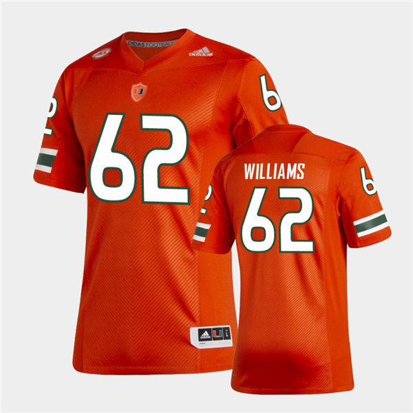 Mens Miami Hurricanes #62 Jarrid Williams Adidas 2021 Orange College Football Game Jersey