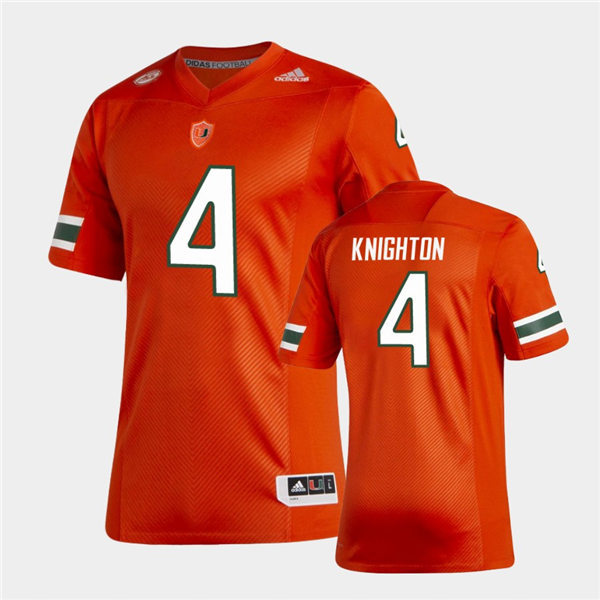 Mens Miami Hurricanes #4 Jaylan Knighton Adidas 2021 Orange College Football Game Jersey