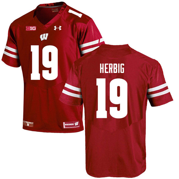 Mens Wisconsin Badgers #19 Nick Herbig Under Armour Red College Football Game Jersey 