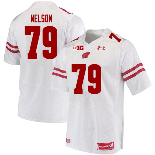 Mens Wisconsin Badgers #79 Jack Nelson Under Armour White College Football Game Jersey 