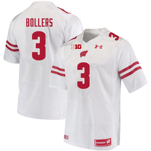 Mens Wisconsin Badger #3 T.J. Bollers Under Armour White College Football Game Jersey 