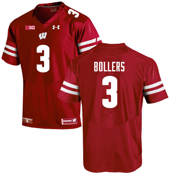 Mens Wisconsin Badger #3 T.J. Bollers Under Armour Red College Football Game Jersey 