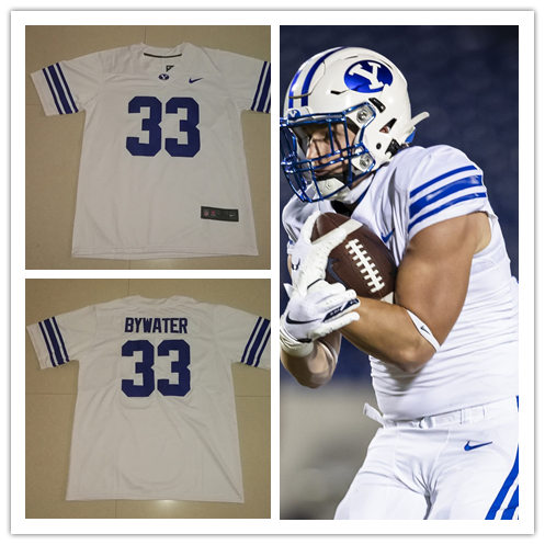 Mens BYU Cougars #33 Ben Bywater Nike White Navy Number College Football Game Jersey 