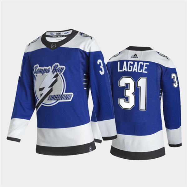 Mens Tampa Bay Lightning #31 Maxime Lagace Adidas Royal 2021 Reverse Retro Jersey