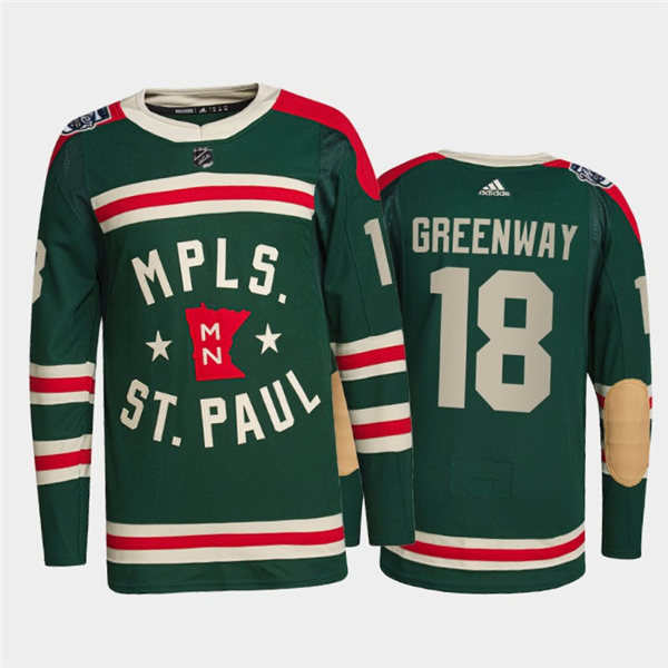 Mens Minnesota Wild #18 Jordan Greenway Adidas Green 2022 Winter Classic State of Hockey Jersey