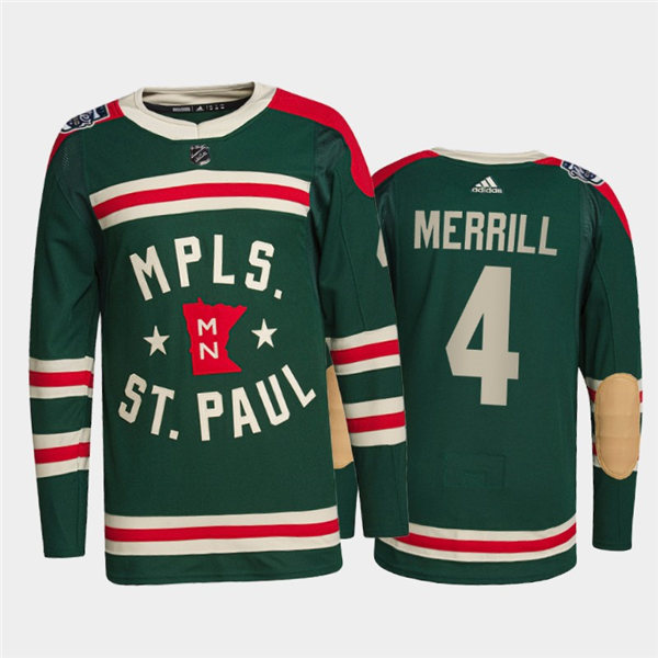 Mens Minnesota Wild #4 Jon Merrill Adidas Green 2022 Winter Classic State of Hockey Jersey