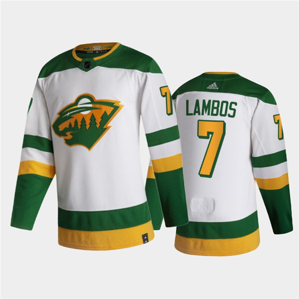 Mens Minnesota Wild #7 Carson Lambos Adidas White 2021 NHL Reverse Retro Jersey