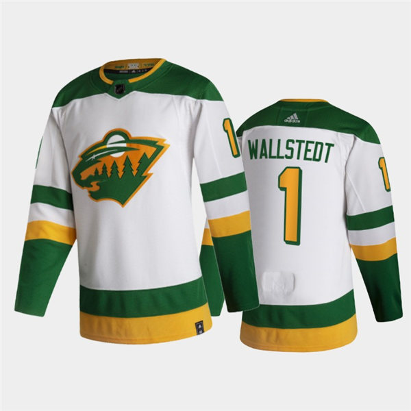 Mens Minnesota Wild #1 Jesper Wallstedt Adidas White 2021 NHL Reverse Retro Jersey