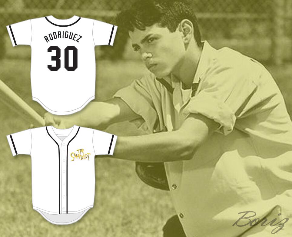 Mens The Sandlot #30 The Jet Rodriguez White With Gold The Sandlot Baseball Jersey 