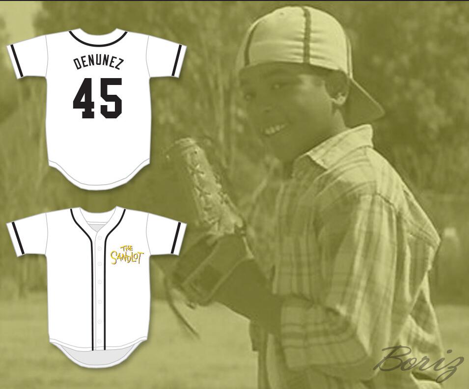 Mens The Sandlot #45 Kenny DeNunez White With Gold The Sandlot Baseball Jersey 