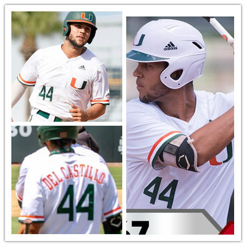 Mens Miami Hurricanes #44 Adrian Del Castillo Adidas 2018 White U two-Button Pullover College Baseball Game Jersey