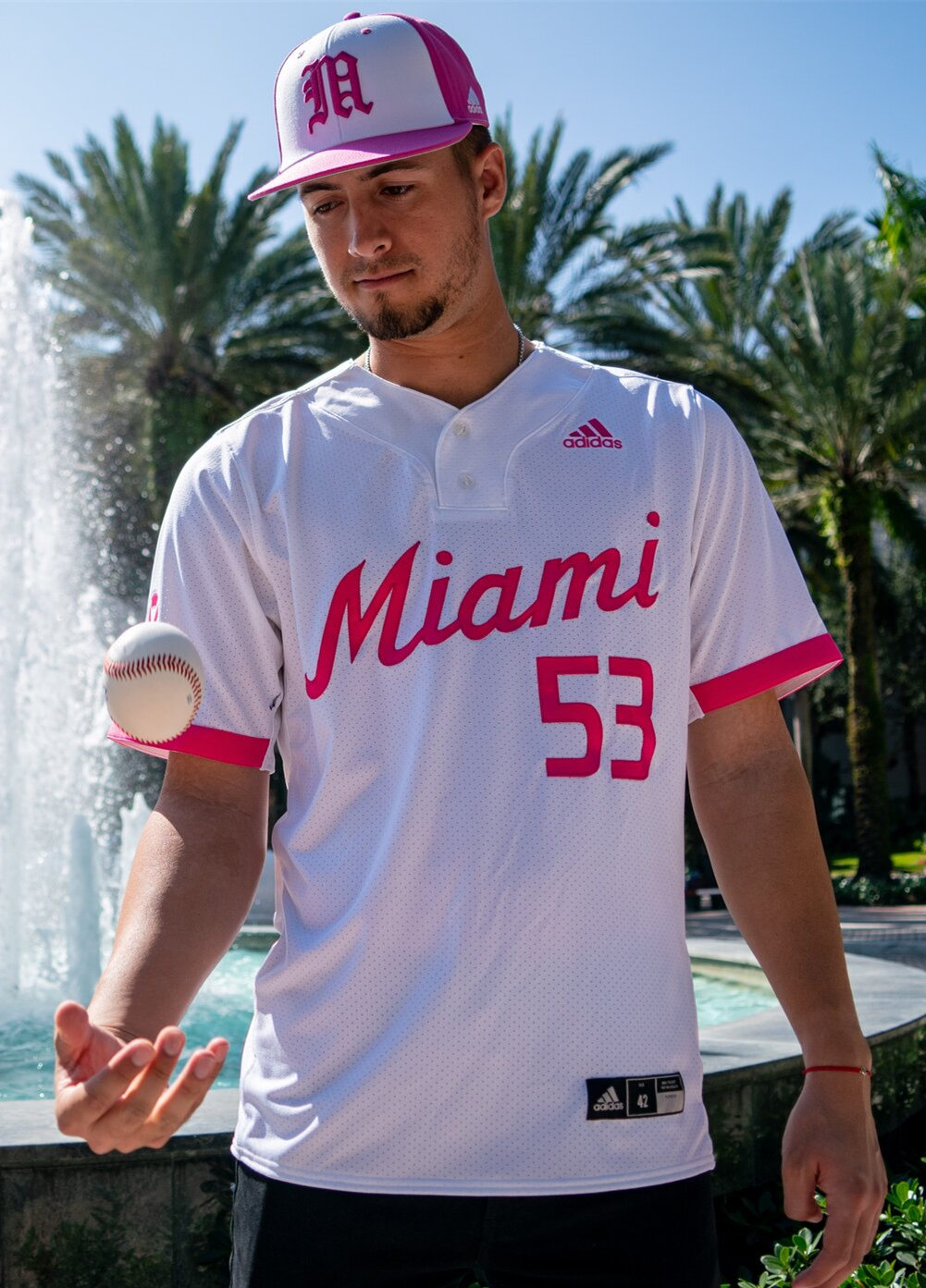 Mens Miami Hurricanes Custom Chris McMahon Slade Cecconi Adrian Del Castillo Adidas 2020 White Pink Fashion Baseball Jersey