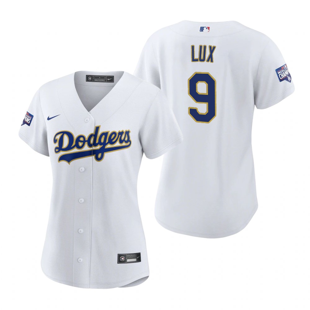 Womens Los Angeles Dodgers #9 Gavin Lux Nike White Gold 2021 Gold Program Jersey