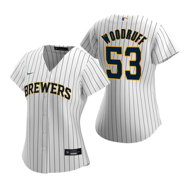 Womens Milwaukee Brewers #53 Brandon Woodruff Nike White Pinstripe Alternate Jersey