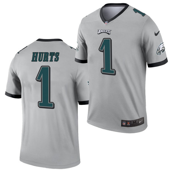 Mens Philadelphia Eagles #1 Jalen Hurts Nike 2021 Silver Inverted Legend Jersey