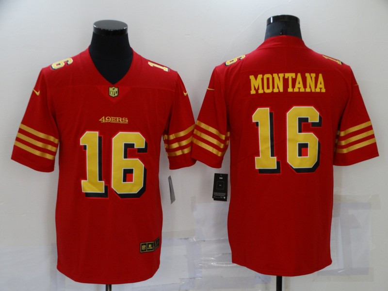 Mens San Francisco 49ers Retired Player #16 Joe Montana Nike Scarlet Gold Vapor Limited Jersey