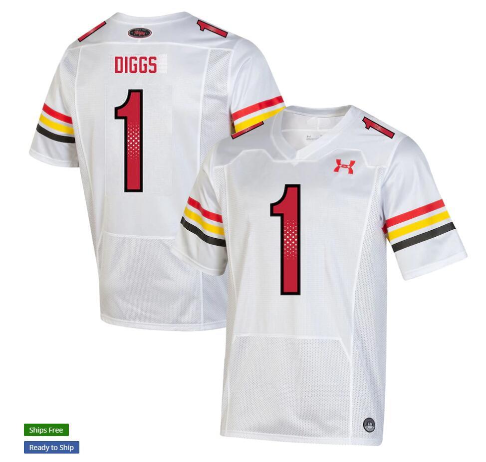 Mens Maryland Terrapins #1 Stefon Diggs Under Armour White Retro 1980'S THROWBACK UNIFORM Football Jersey