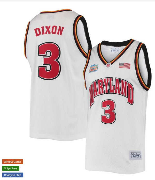 Mens Maryland Terrapins #3 Juan Dixon White Retro 2002 Basketball Tournament March Madness Final Four Commemorative Hardwood Classics Jersey 