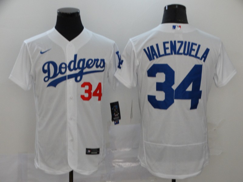 Mens Los Angeles Dodgers #34 Fernando Valenzuela Nike Home White Flex Base Jersey