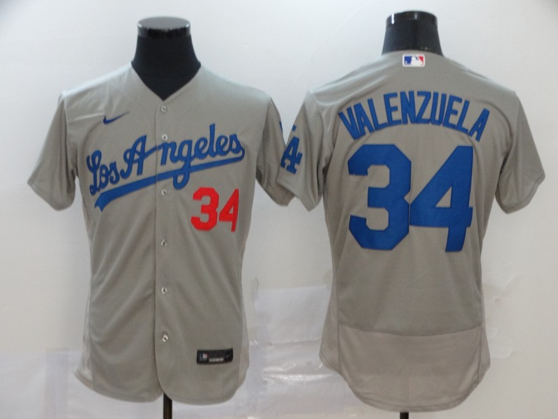 Mens Los Angeles Dodgers #34 Fernando Valenzuela Nike Grey Los Angeles Flex Base Jersey