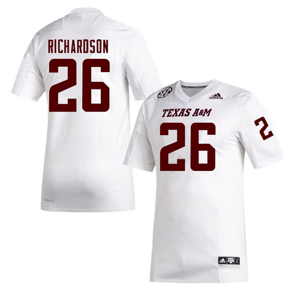 Mens Texas A&M Aggies #26 Demani Richardson Adidas 2020 White College Football Game Jersey