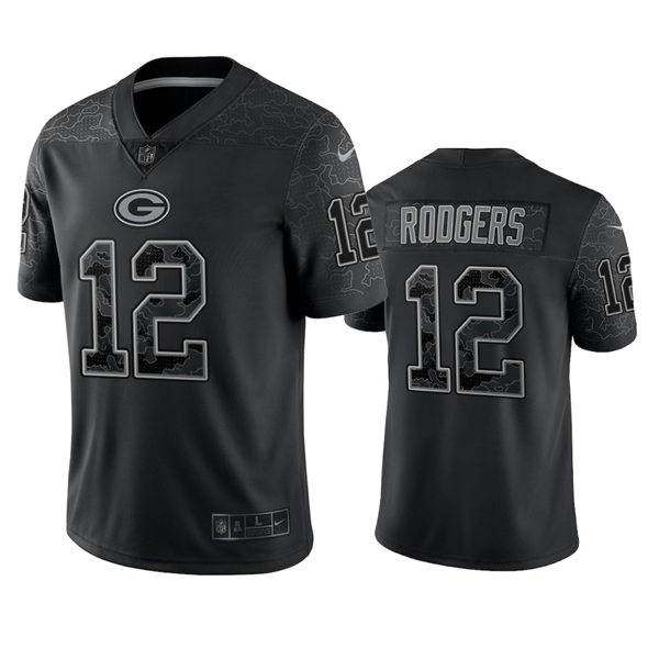Mnes Green Bay Packers #12 Aaron Rodgers Black Reflective Limited Jersey