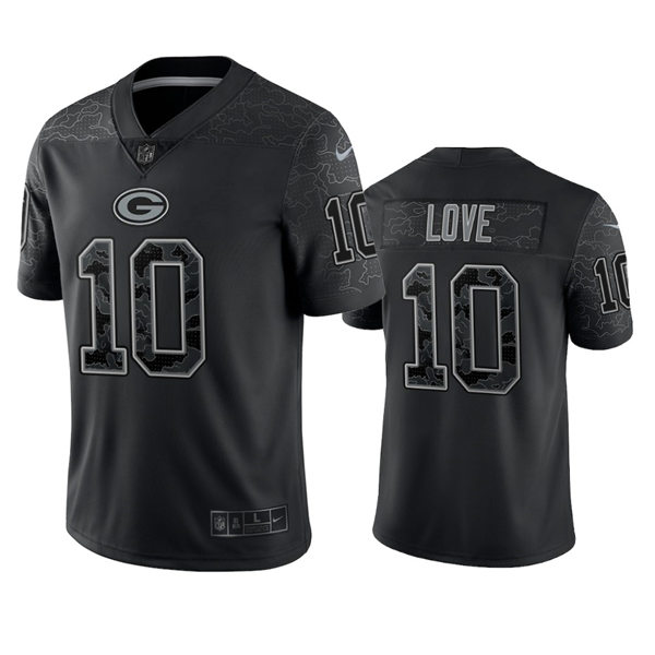 Mnes Green Bay Packers #10 Jordan Love Black Reflective Limited Jersey
