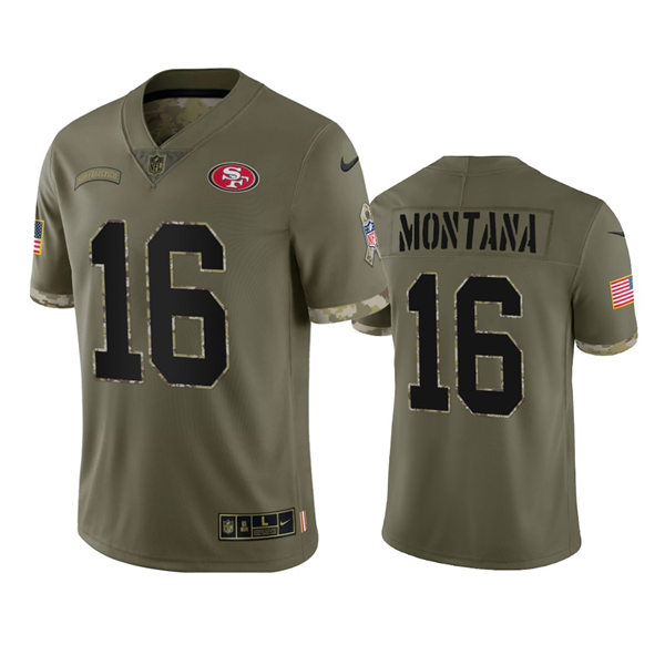Mens San Francisco 49ers #16 Joe Montana Olive 2022 Salute To Service Limited Jersey