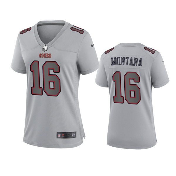 Women's San Francisco 49ers #16 Joe Montana Gray Atmosphere Fashion Game Jersey