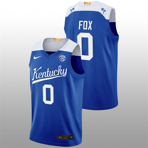 Mens Youth Kentucky Wildcats #0 De'Aaron Fox White Royal 2022-23 College Basketball Bahamas Game Limted Jersey