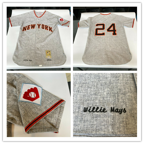 Mens New York Giants #24 Willie Mays Grey Wool Mitchell&Ness 1951 Game Used Jersey