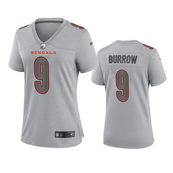 Womens Cincinnati Bengals #9 Joe Burrow Gray Atmosphere Fashion Game Jersey