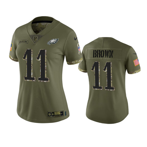 Women's Philadelphia Eagles #11 A.J. Brown Olive 2022 Salute To Service Limited Jersey