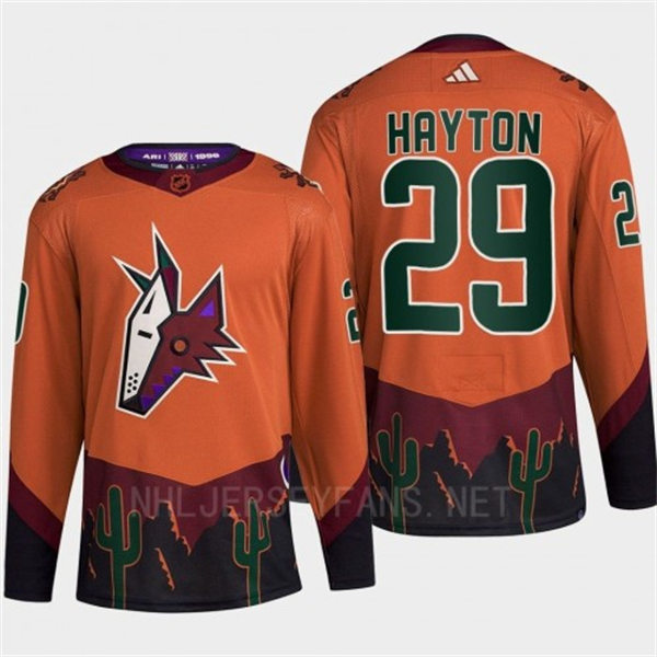 Men's Arizona Coyotes #29 Barrett Hayton Orange Maroon 2022 Reverse Retro Primegreen Jersey